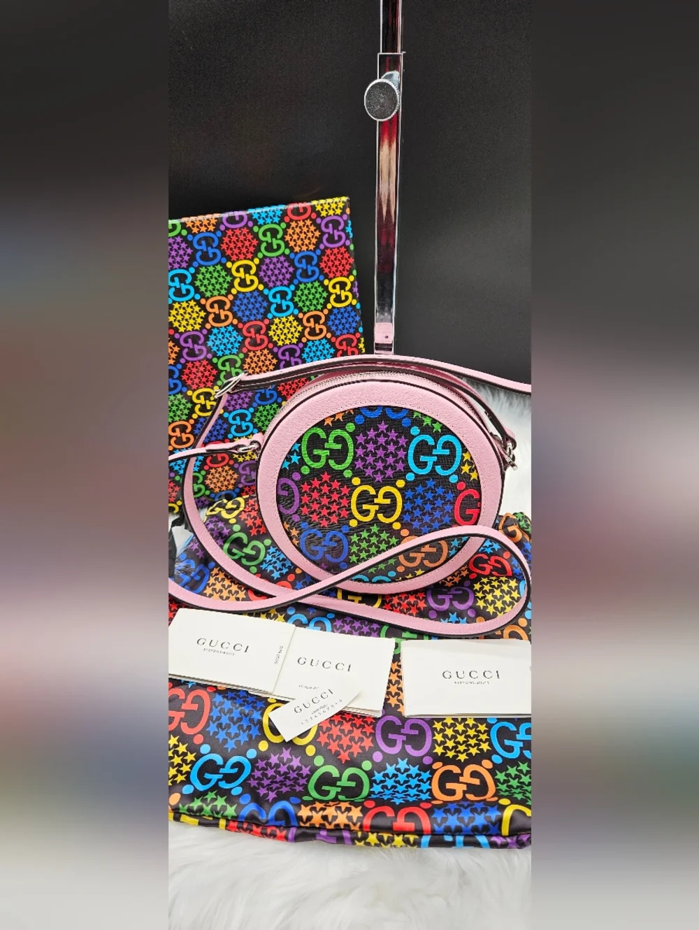 GUCCI Rainbow Psychedelic Round Shoulder Messenger Bag Purse Pink Handbag - Picture 4 of 17